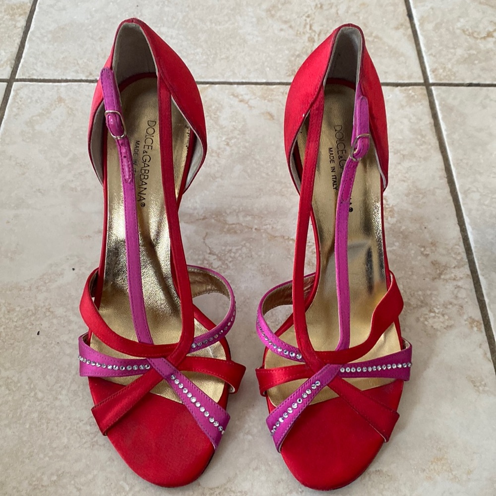 Dolce & Gabbana women’s red pink rhinestone heels satin 37